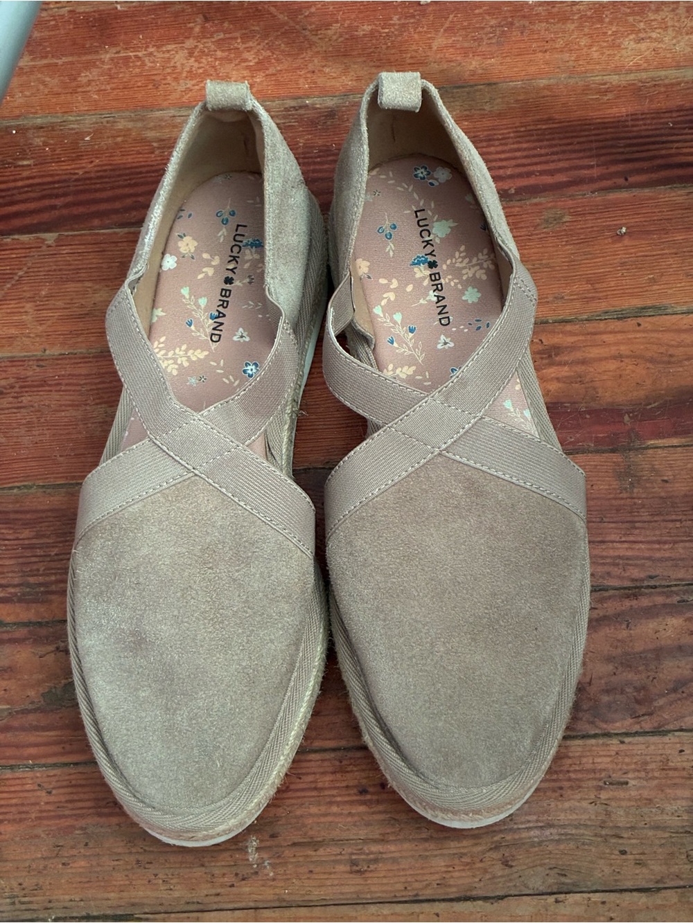Lucky Brand Taupe Suede Crisscross Slip-Ons